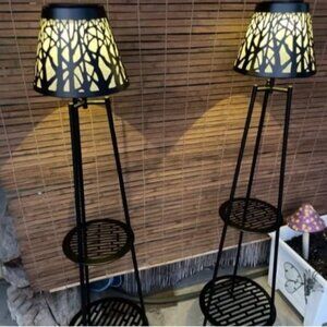 2 Pack 45.5'' Solar Lights with 2 Tier Plant Stand, Metal Solar Floor Lamps